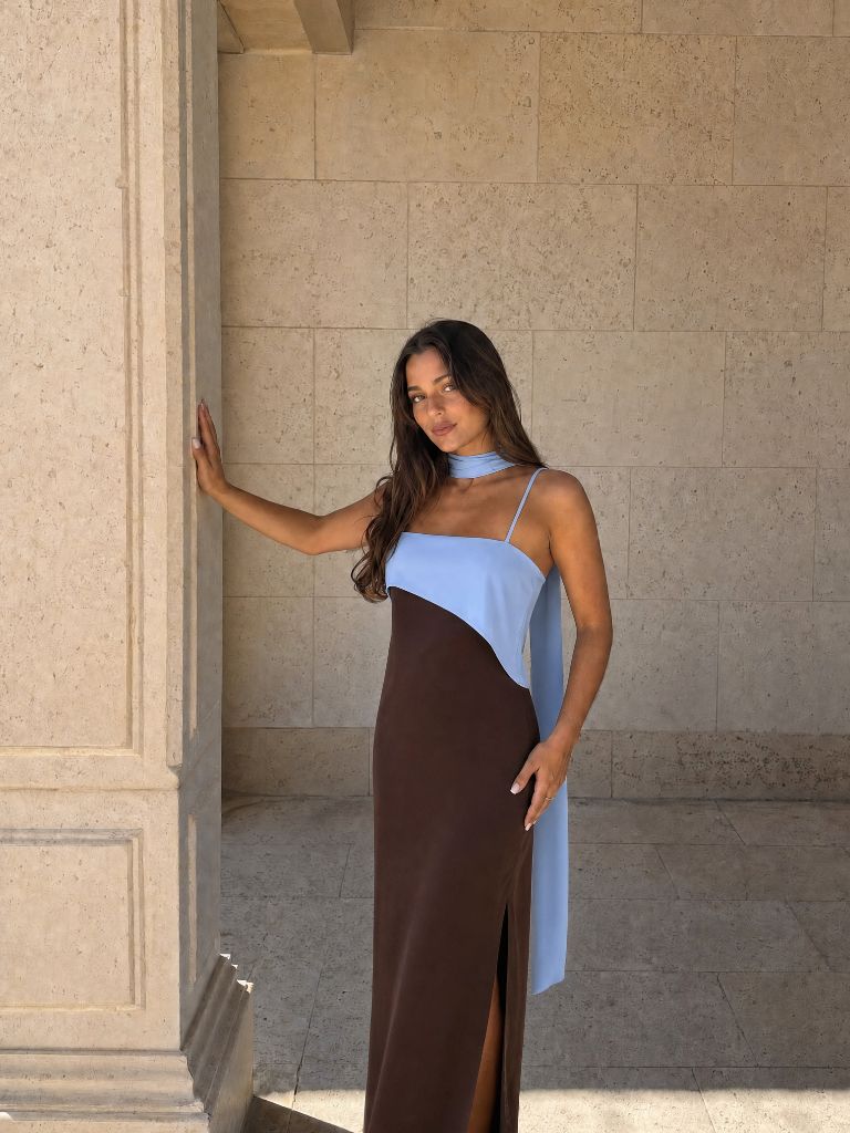 Vestido Largo Drapeado Bicolor