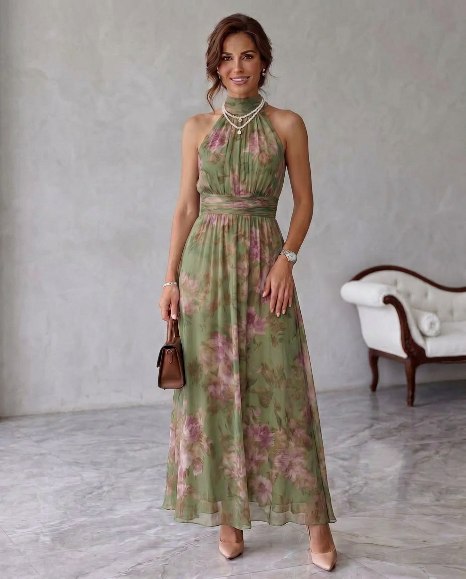 Bella Seda - vestido maxi halter floral elegante