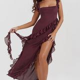Miel - vestido con escote cuadrado, abertura lateral y volantes
