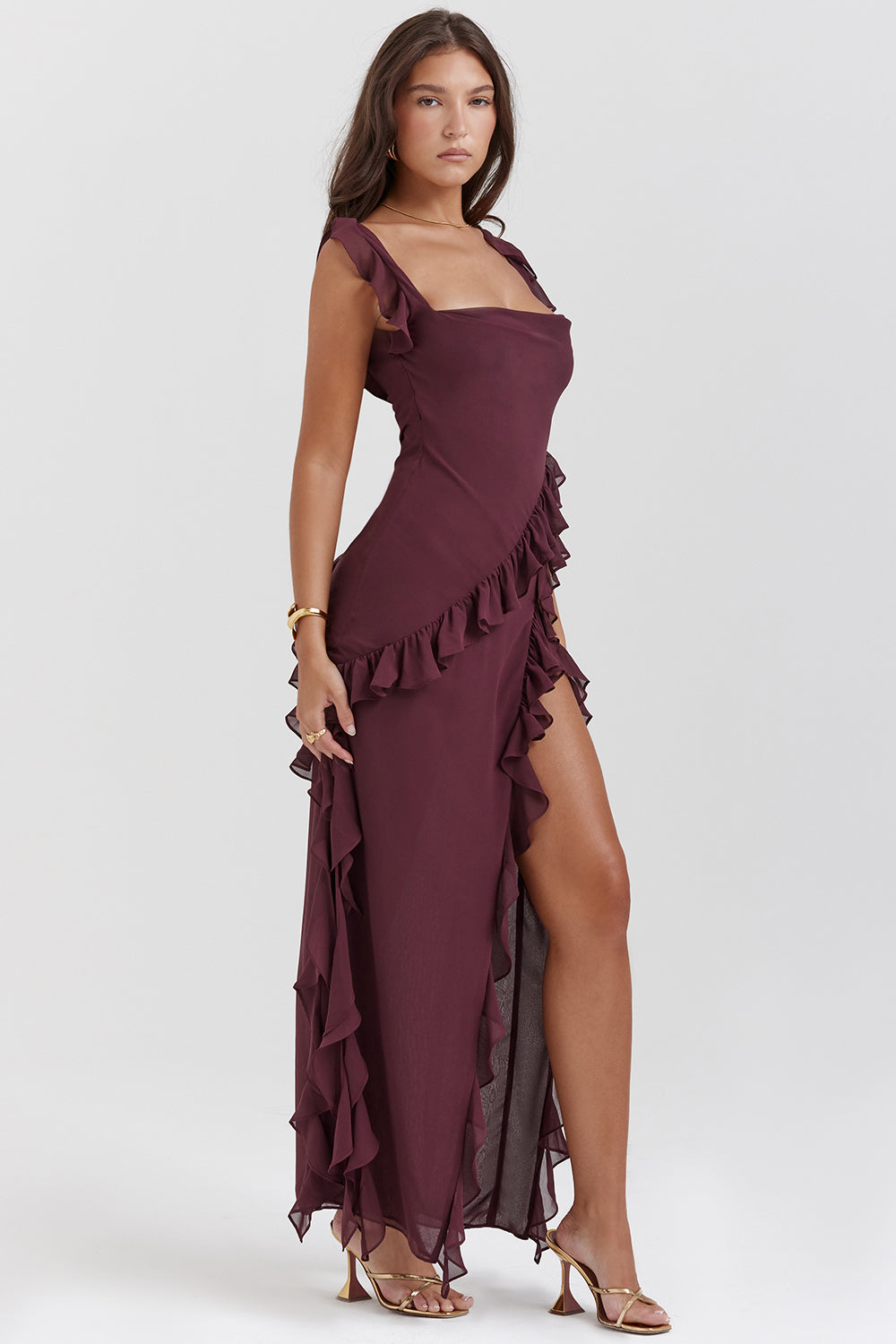 Miel - vestido con escote cuadrado, abertura lateral y volantes