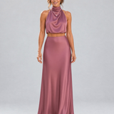 Aurora Satin - conjunto de satén con top halter drapeado
