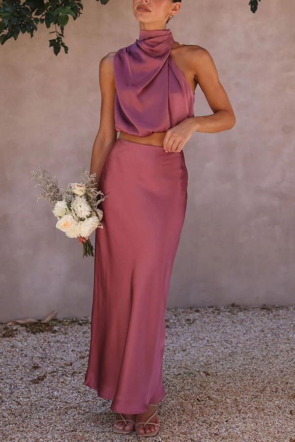 Aurora Satin - conjunto de satén con top halter drapeado