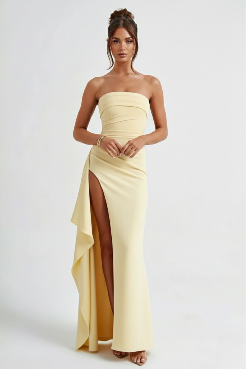 Vega - vestido largo sin tirantes de crepé frazido