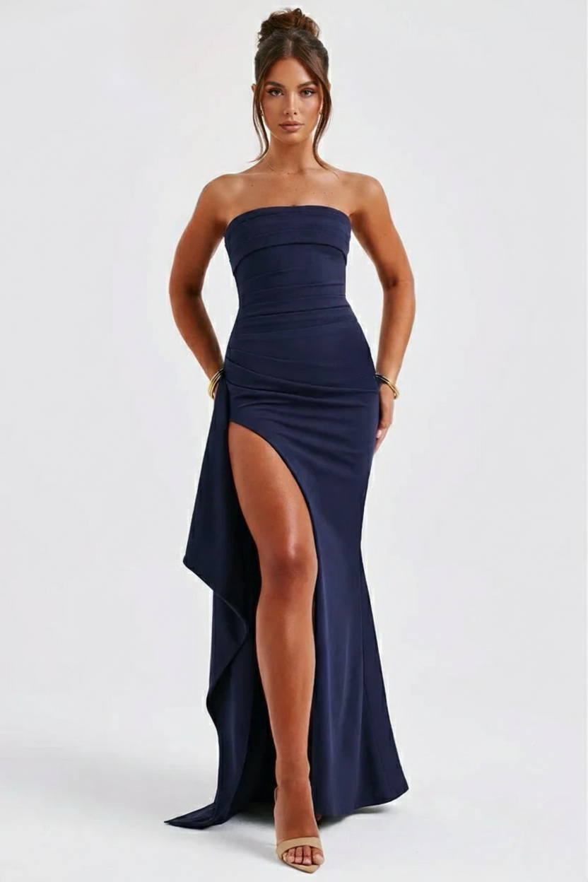 Vega - vestido largo sin tirantes de crepé frazido