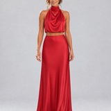 Aurora Satin - conjunto de satén con top halter drapeado