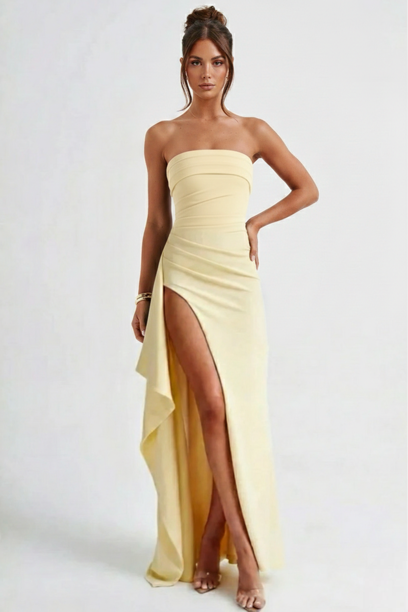 Vega - vestido largo sin tirantes de crepé frazido