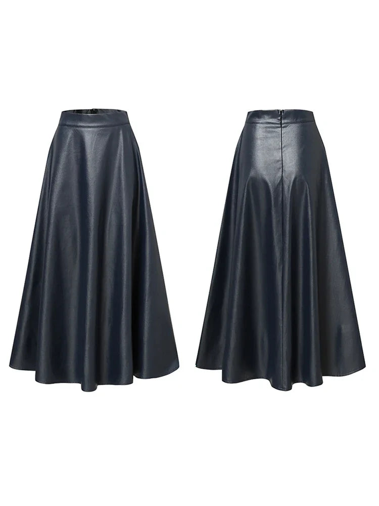 Women Black Midi Leather Skirt | High Waisted Party Skirt | Solid Office Skirt
