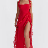 Miel - vestido con escote cuadrado, abertura lateral y volantes