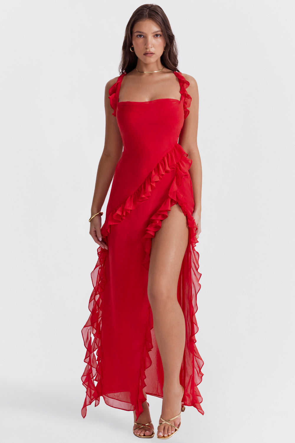 Miel - vestido con escote cuadrado, abertura lateral y volantes