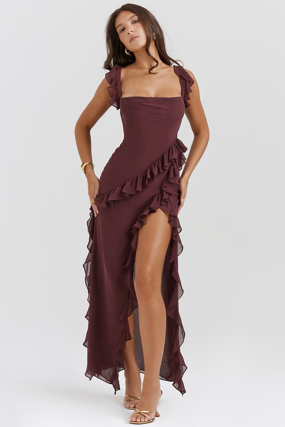 Miel - vestido con escote cuadrado, abertura lateral y volantes