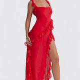 Miel - vestido con escote cuadrado, abertura lateral y volantes