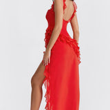 Miel - vestido con escote cuadrado, abertura lateral y volantes
