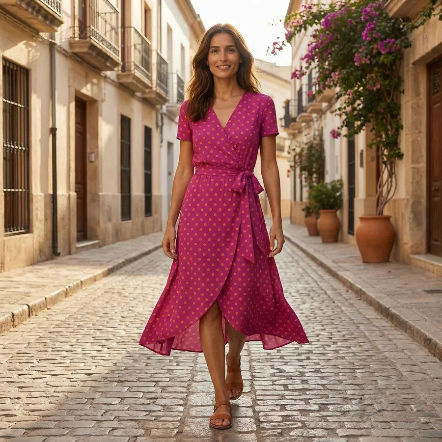 Lucía Fucsia - vestido cruzado con estampado