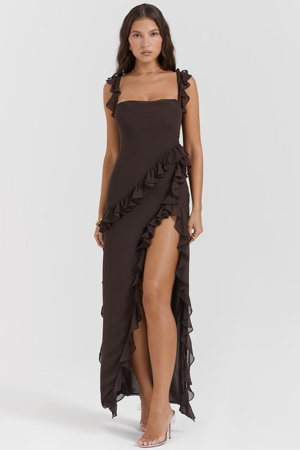 Miel - vestido con escote cuadrado, abertura lateral y volantes