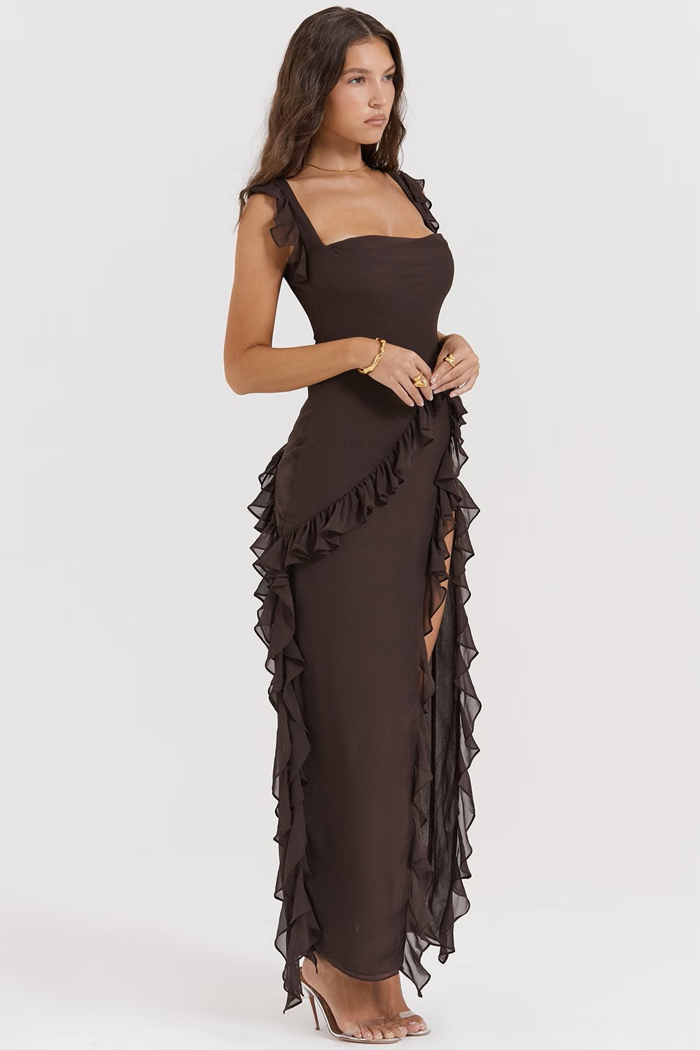 Miel - vestido con escote cuadrado, abertura lateral y volantes